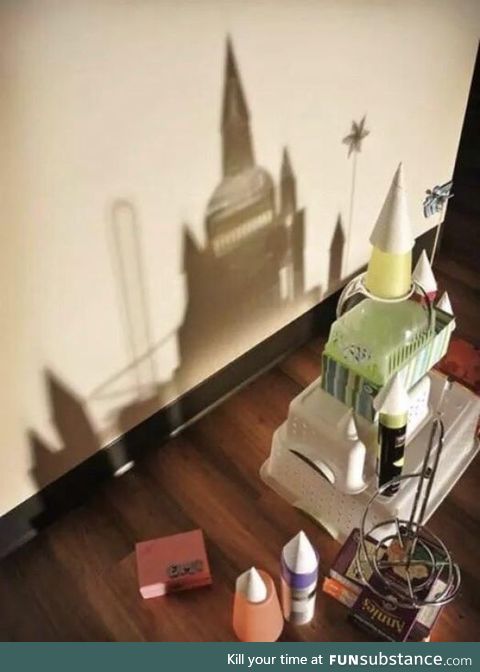 Fairytale castle made of random household items and shadows