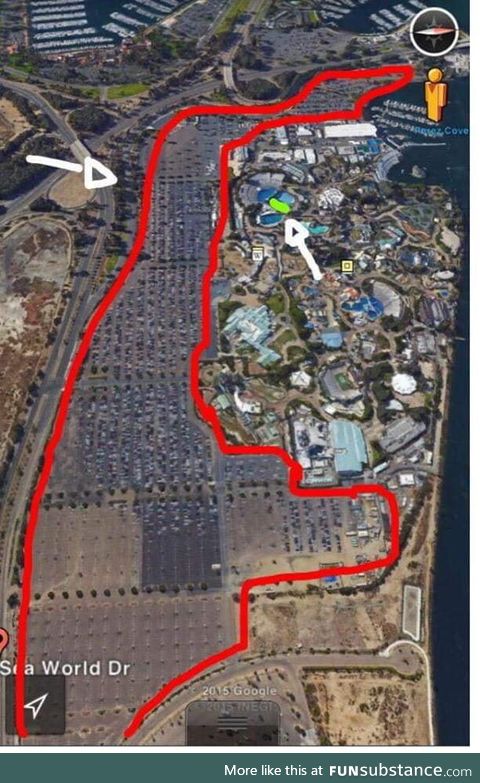 The red line is the Seaworld car park. The green line is where the killer whales spend