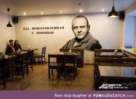 Russian restaurant, on the wall it says, "food prepared with love"