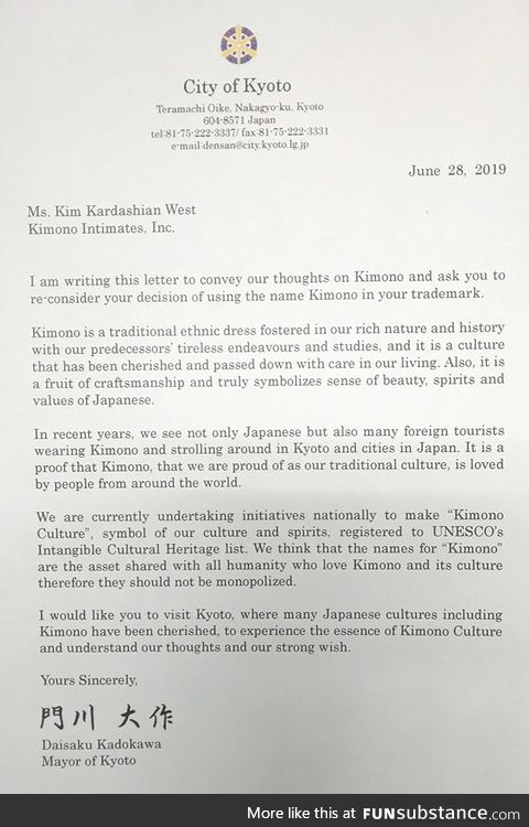 Japan's response to Kim Kardashian using the word 'Kimono'