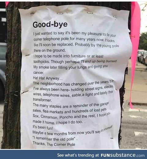 Wholesome goodbye from the local corner pole
