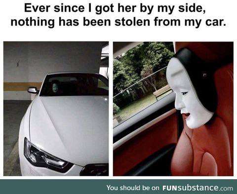 Imagine driving late at night with that mask on the passenger seat. Suddenly you see her