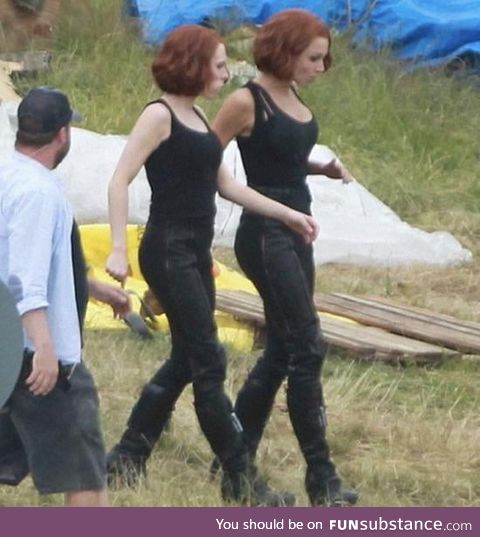 Avengers on set with their stunt double