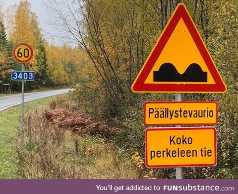 Someone was fed up with poor road condition and erected a road sign in Finland