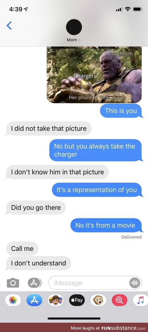 So I sent my mom an Avengers meme, and she was quite bewildered