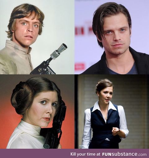 Sebastian Stan as Luke Skywalker and Maggie Gyllenhaal as Princess Leia