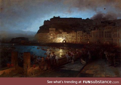 Oswald Achenbach (1827-1905) Fuochi d'artificio a Napoli - Borgo di Santa Lucia (1875)