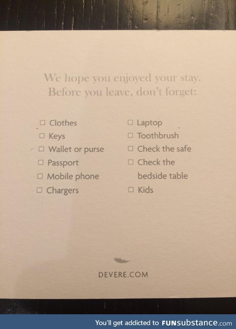 This checklist from a hotel