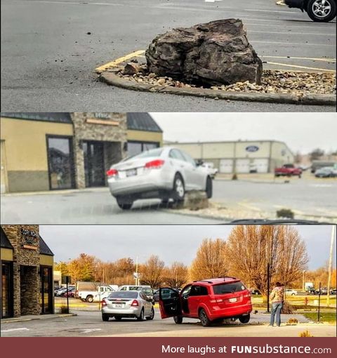 Local donut shop put a rock in their planter to keep people from driving over plants