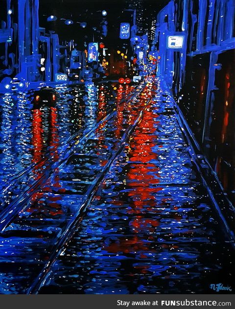 An acrylic painting I did of a rainy city at night - Flooko