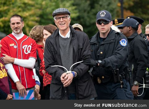 Ted Danson was arrested for protesting climate change in front of Capitol Hill. He seems