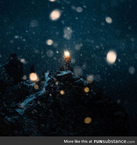 When it started to snow at the end of a long hike in Iceland.. My friend wore a headlight