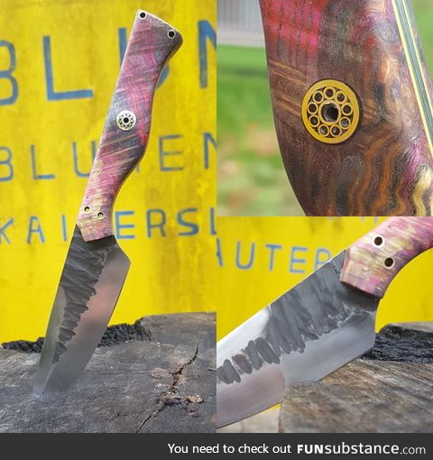 A knife I finished today, made of 80CrV2 Carbon steel. Stabilized wood with a mosaic pins