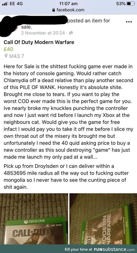 Guy wants to sell his copy of Modern Warfare