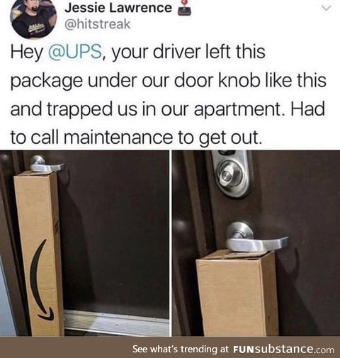 (From Twitter) A cursed perfect fit from the UPS delivery driver