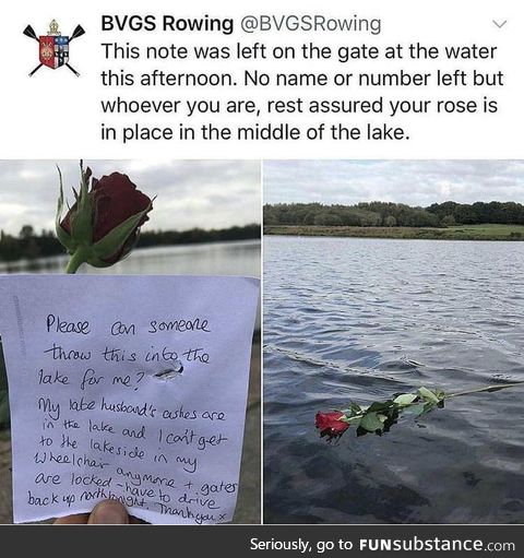 :') this person put this rose in the water for someone's late husband