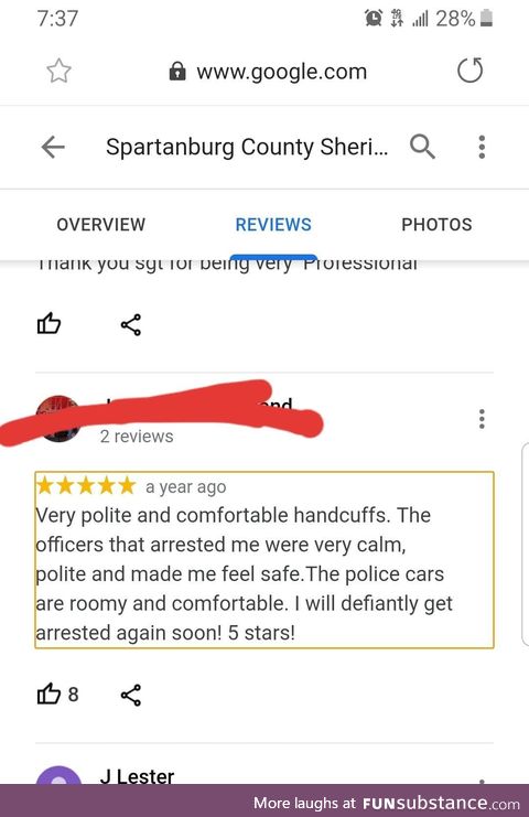 Experienced jailbird gives sheriff's department 5 star review on Google with his full