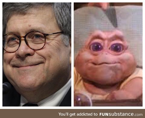 Is it just me or does Bill Barr look like a grown-up Baby Sinclair?