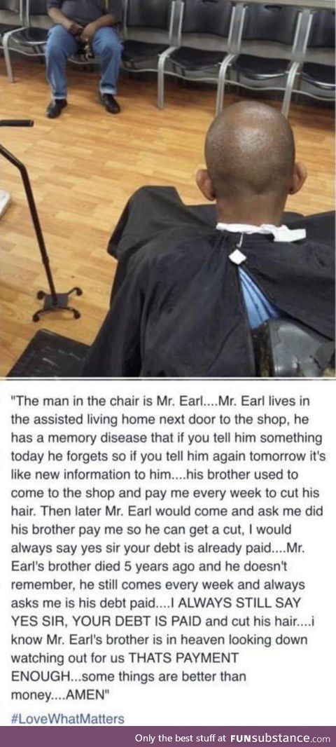 Barber being an absolute bro to a client with a memory problem