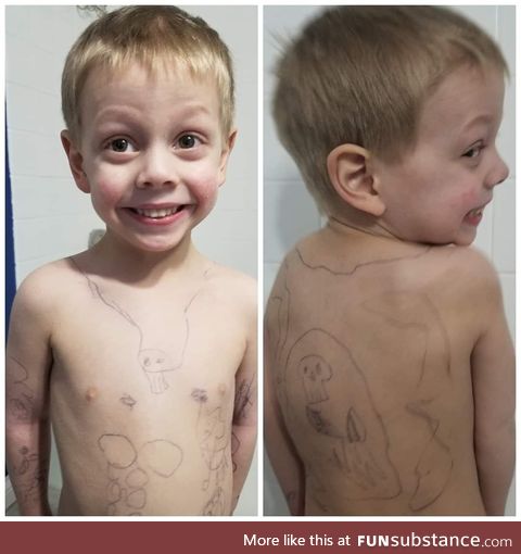 My 5 year old apparently let his brother draw tattoos all over him... Oh and those