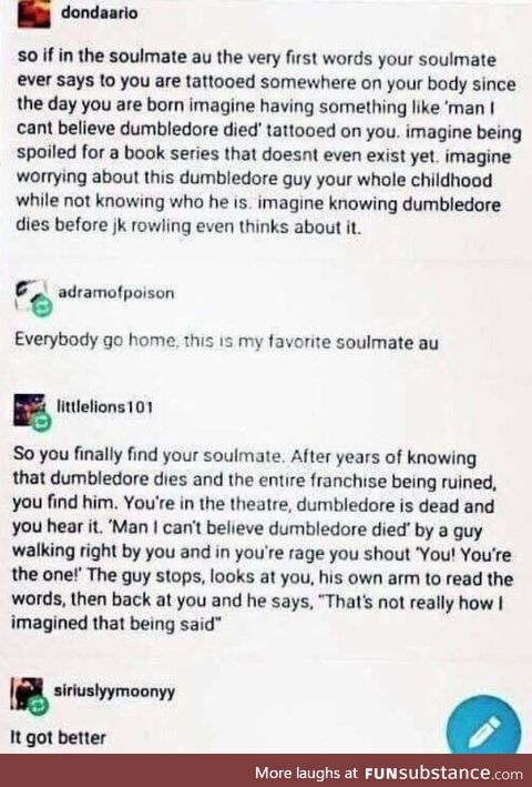 Dumbledore dies. When soulmates need spoiler warnings