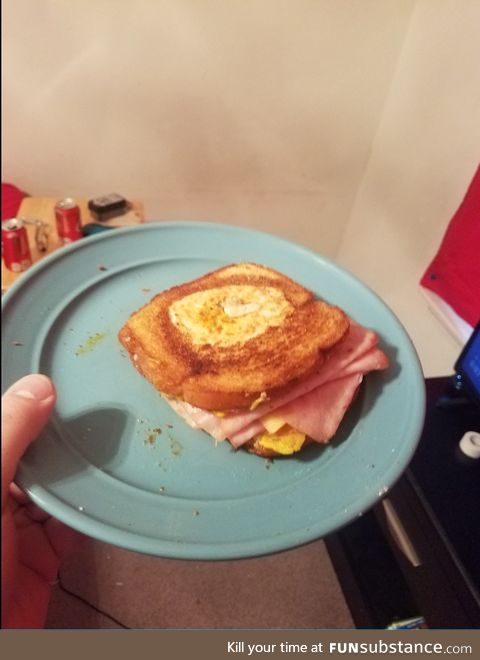 As promised: my Eggs In A Basket/Grilled Hot Ham & Cheese hybrid