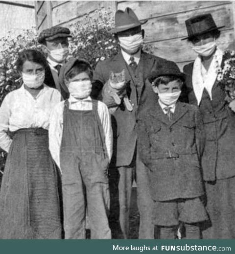 Even the cats got face masks during the Spanish Flu epidemic, circa 1920