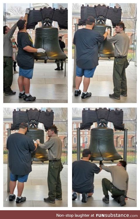 Bell center employee helps a blind citizen experience the liberty bell
