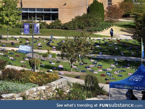 Backpacks representing student suicide  at a college in Wisconsin