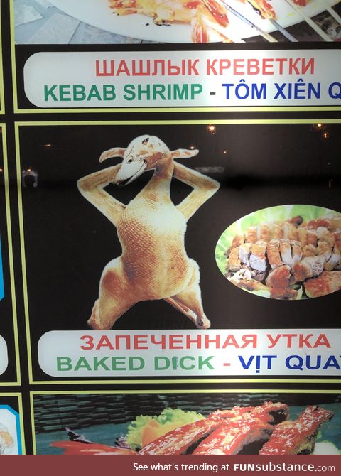 This seductive duck I found on a menu in Vietnam, complete with an excellent typo