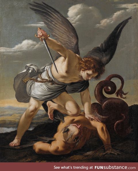 Saint Michael Slaying a Dragon by French Baroque painter Laurent de la Hyre (1645)