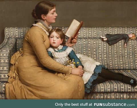 Painting of a mother reading Alice’s Adventures in Wonderland to her daughter. 1879.