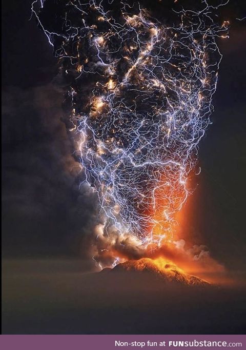 Mount Cabulco volcano in Chile erupting with flashes of lightning taken by time lapse