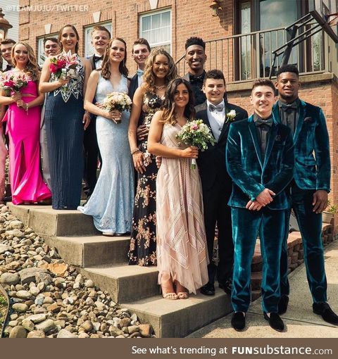 JuJu goes to prom with a fan and their velvet suits look animated
