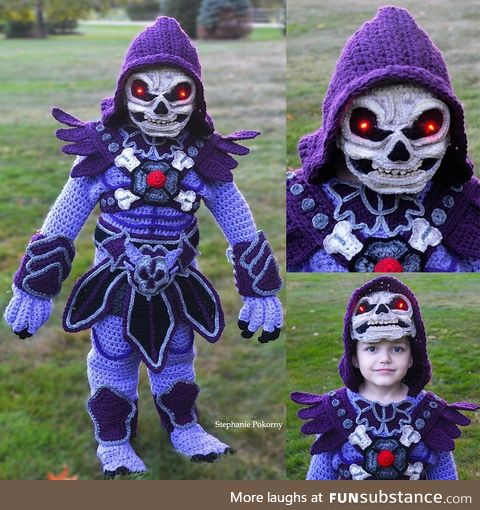 I crochet my son full body costumes, he picked Skeletor@! (Freehand/no pattern)