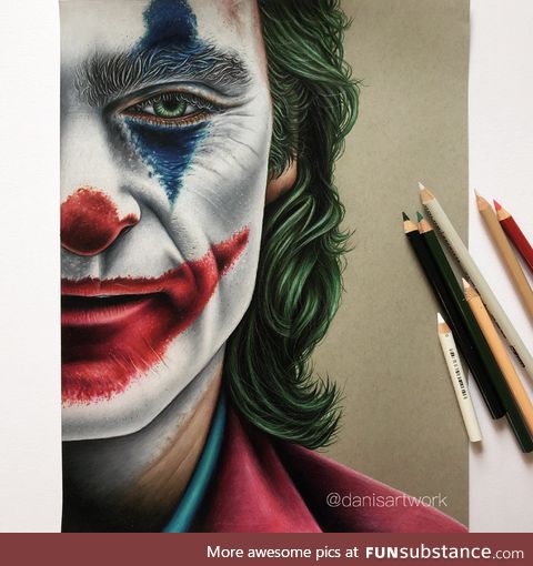 Finally finished my coloured pencil drawing of Joaquin Phoenix’s Joker!