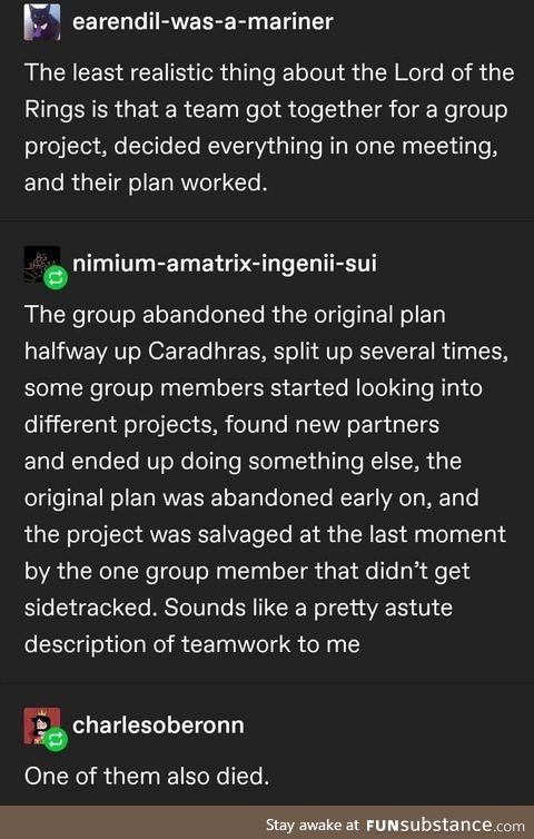 The Lord of the Rings is a pretty accurate example of a group project