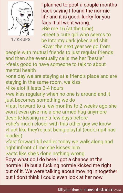 Anon was blinded by the normie life and got cucked without seeing it coming
