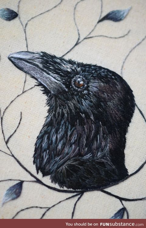 Close up of my raven hand embroidery