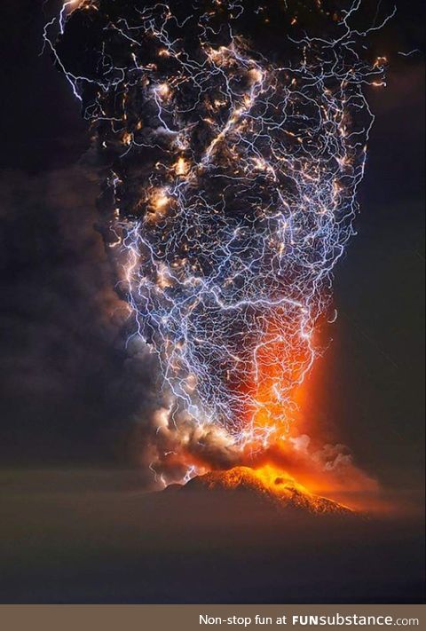 Long exposure of lightning over a volcano in Chile