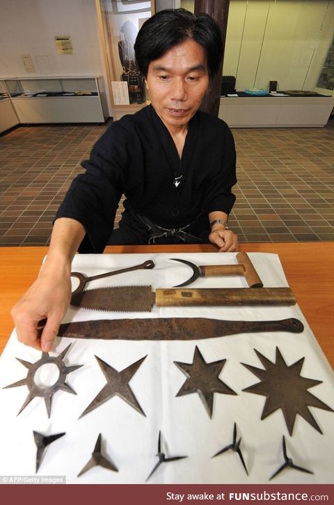 Jinichi Kawakami, Japan's last ninja, showing his tools of the trade