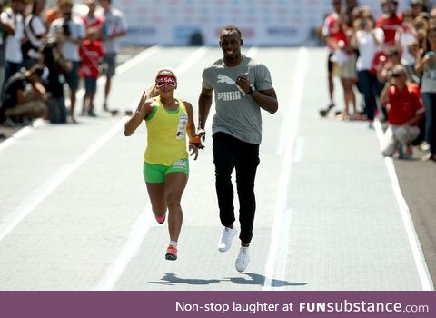 Usain Bolt runs as a guide for blind Paralympic champion Terezinha Guilhermina in Rio