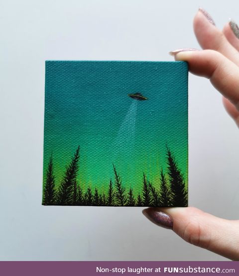 UFO over a forest, a tiny 3 inch painting I made today