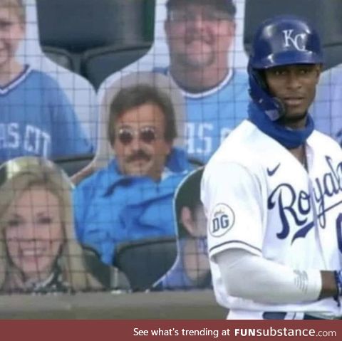 Somebody put a weekend at Bernies cardboard cutout in the stands of a baseball game, I