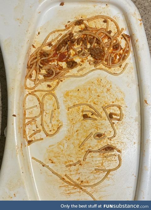 Portrait made from extra spaghetti. The sauce made for the perfect “skin” tone