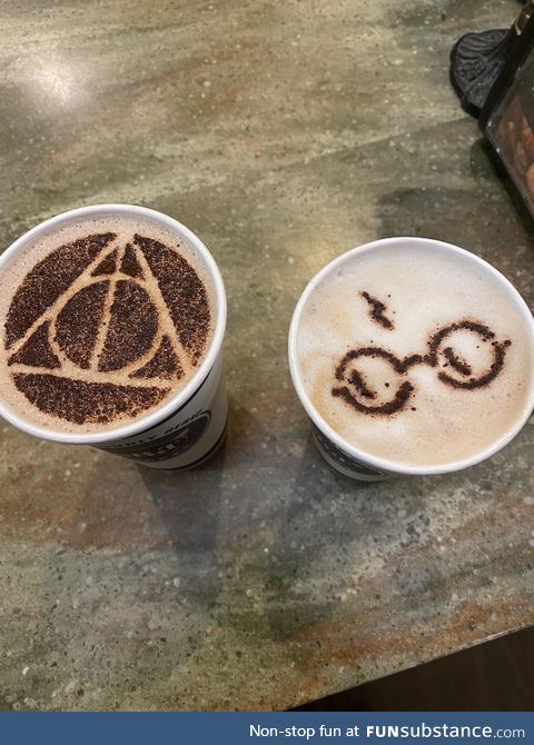 The Barista noticed my Hogwarts wallet and made my coffee magical :)