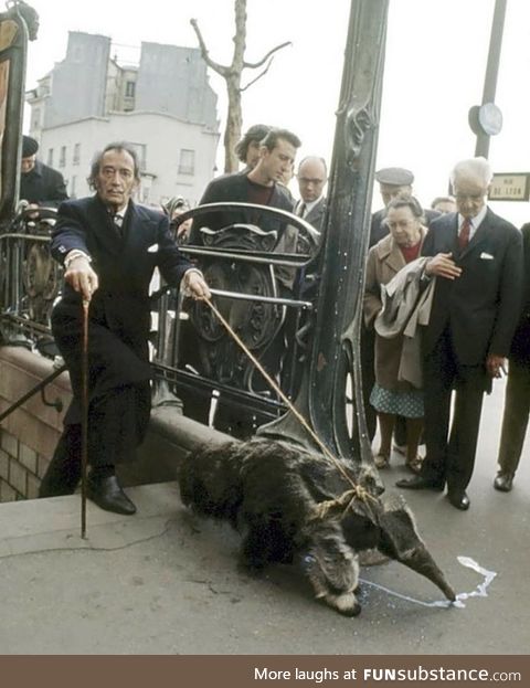 Salvador Dali taking his anteater for a walk in Paris. 1969