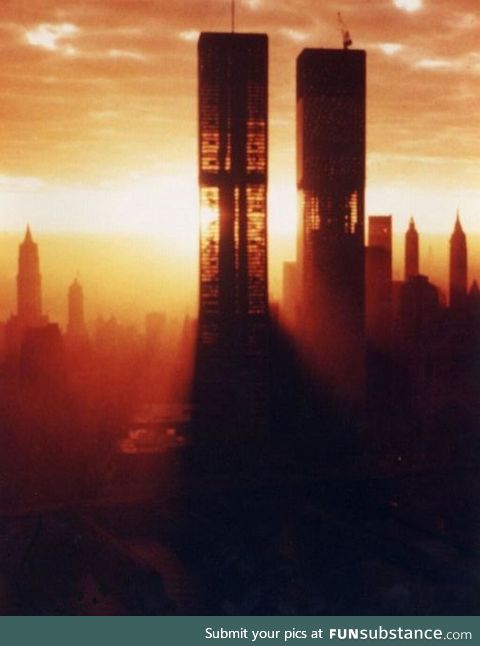 Light shining through the Twin Towers just after completion