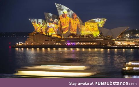 Sydney Opera house is lit up tonight to pay tribute to the brave firefighters in