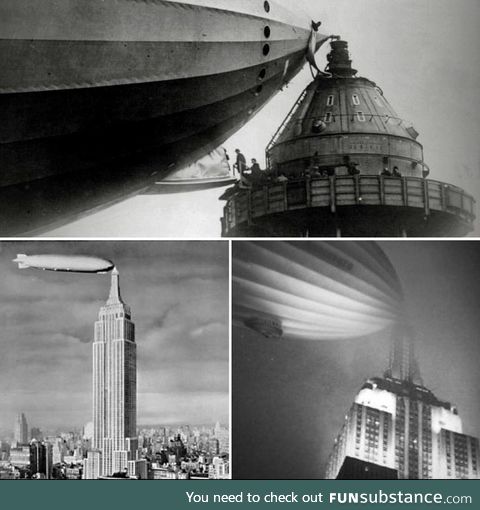 Boarding a zeppelin from the top of the Empire State building. The future was